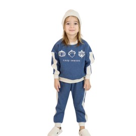 Miababy Cozy Embroidery Printed 3-Piece Tracksuit Set with Beret Gift for Baby & Child, 6 Colour Options (Blue, 3-4 Years)