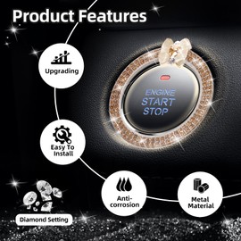 3leavtrees Yello Love Butterfly Car Accessories - Car Engine Start Stop Decoration Ring,Push to Start Button Cover/Sticker,Bling Car Accessories for Women,Key Ignition&Knob Bling Ring - Champagne