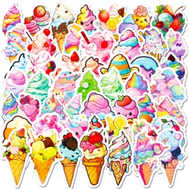 Ice Cream Stickers for Kids, 50pcs Summer Ice Cream Stickers Pack, Vinyl Waterproof Sticker for Water Bottle Scrapbook Laptop Journal Party Favors Classroom(IC)