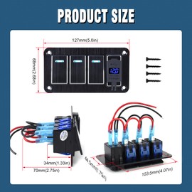 3 Gang Aluminum Rocker Switch Panel with 4.8 Amp Dual USB Charger Voltmeter Waterproof 12V 24V DC Rocker Switch with Night Glow Stickers for Cars Trucks Boats RVs