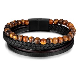 FIGEDY Yellow Tiger Eye Stone Beads Shape Braided Leather Bracelet, Tiger Eye Bead Braided Leather Wristband for Men Boy Girls and Women