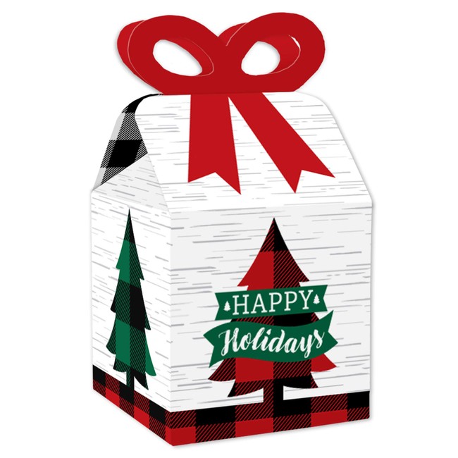 Big Dot of Happiness Holiday Plaid Trees - Square Favor Gift Boxes - Buffalo Plaid Christmas Party Bow Boxes - Set of 12