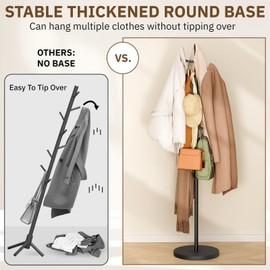 MISSLO Heavy Duty Coat Rack Freestanding 4 Adjustable Size Coat Tree with Stable Wood Base Coat Hanger Stand with 6 Hooks Standing Clothes Tree for Bedroom, Black