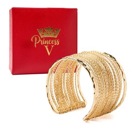 Princess V Adjustable Open & Wide Modern Cuff, Bangle, Bracelet Jewelry with Brushed 18K Yellow Gold Plating. Beautiful & Elegant. Quality crafted. Durable. High End Aesthetic Finish