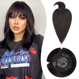 Rich Choices Hair Toppers with Fringe for Thinning Hair Real Human Hair Pieces 14 Inch Natural Black Clip in Hair Toppers for Women Long Straight Hairpieces Seamless Clip in Hair Extensions