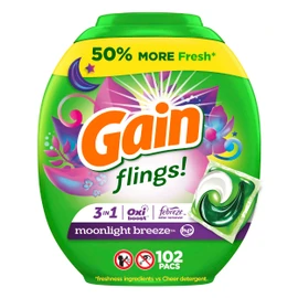 Gain Flings Laundry Detergent Pacs, 102 Count, Moonlight Breeze Scent, 3 in 1 HE Detergent Pacs with Oxi Boost and Febreeze