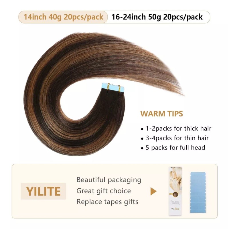 YILITE Extensiones Cabello Natural 14in Balayage Balayage Marr 40gr