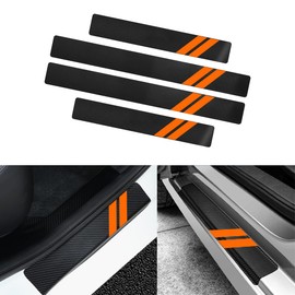 XYHGM Car Door Front/Rear Sill Plate Protectors Fit for Dodge Charger Challenger Durango Journey Carbon Fiber Leather Threshold Sticker Protector Decoration with Plastic Scraper(Orange,4Pcs)