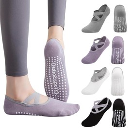 Coztie Yoga Socks, 4 Pairs Yoga Socks for Women with Grips, Non-Slip Yoga Socks, Yoga Socks for Women Non-Slip Grips & Straps for Pilates Ballet Dance Workout Fitness Black White Grey Purple