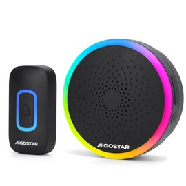Aigostar Wireless Bell with RGB Light, IP55 Waterproof Outdoor Door Bell Set, 5 Volume Levels, 60 Melodies, 150 m Range, 1 Bell Push Button and 1 Receiver, Black