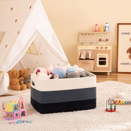 OIAHOMY 108L Large Cotton Rope Basket, Rectangle Woven Baskets for Storage, Nursery Blanket Basket Living Room, Toy Basket With Handle, Baskets for Organizing-25”x16”x16”-Gradient Blue