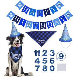 Dog Birthday Party Set, Dog Birthday Bandana Triangle Scarf with Cute Dog Birthday Number Hat Dog Birthday Banner for Dog Birthday Party Supplies