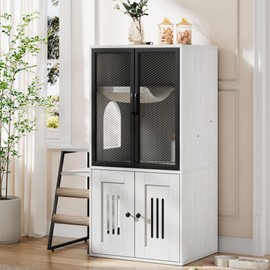 Double Cat Litter Box Fence with Ladder, Double Cat House with Storage Space, Enclosed Litter Box Furniture, White