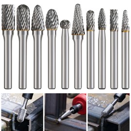 Double Cut Carbide Burr 10 Piece Drill Burr Set with 1/8" Shank and 1/4" Head Length for DIY, Woodworking, Engraving, Metal Carving, Drilling, Polishing