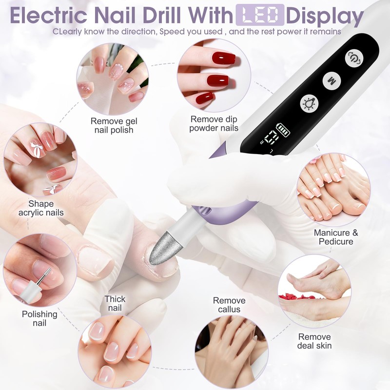 Professional Manicure Pedicure Kit with Memory Modes, Cordless Electric Nail