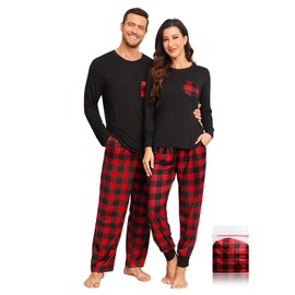 YOPUGEE Adult Christmas Plaid Pajama Set Soft Modal Couple Pj Sets Long Sleeve Sleepwear for Family Black & Red Plaid M