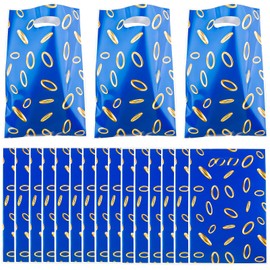 FUNCANDLE 50 Pcs Video Game Party Favor Bags - Blue & Gold Ring Print Plastic Goodie Bags for Gamer Birthdays, Candy, Snacks, Treats Reusable Birthday Decorations, Kids Teens Party Supplies Gift