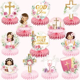 24Pcs First Communion Decorations for Girls - Pink Floral Baptism Centerpieces for Tables Baptism Decorations Honeycomb Centerpiece Double Sided Table Toppers for Girl 1st Holy Communion Décor