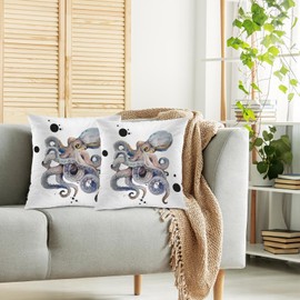 Swono Octopus Bed Pillow Covers, Watercolor Ocean Sea Octopus Decorative Throw Pillow Cover Cushion Case for Sofa Bed Living Room Farmhouse Decorations, 18"X18" 2 Pieces Pillowcases