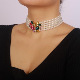 Chargances Boho Round Imitation Pearl Necklace Colorful Heart Crystal Rhinestone Choker Multi Strands Pearl Necklace 1920s Flapper Wedding Jewerly for Women Brides (Style 3)