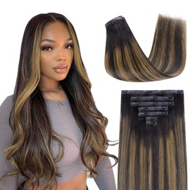 Lashey Seamless Hair Extensions Clip ins Staright 110g Natural Black Mixed Chestnut Brown 14 Inch 7pcs PU Weft Clip in Hair Extensions Real Human Hair with Invisi Edge for Black Women
