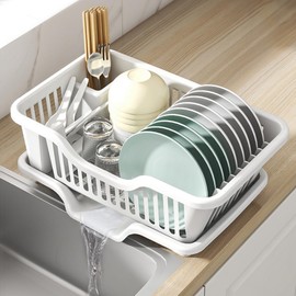 Noamus 2-Piece Plastic Dish Drying Rack, Heavy Duty Sink Set Dish Rack, White Large Drainer with Attached Drainboard Utensil Cup Holders for Home Kitchen Counter Top Organizers