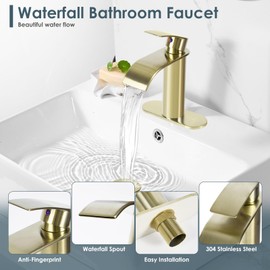 M OUDEMEI Single Handle Waterfall Spout Bathroom Sink Faucet with Pop Up Drain, 4 Inch Centerset Vanity Faucet, Lavatory Faucet with Deck Plate for 1 OR 3 Hole Easy Installation (Brushed Gold)