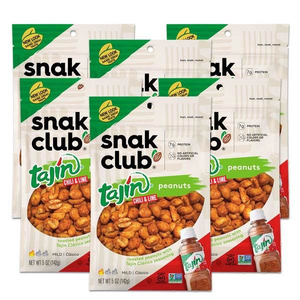 Snak Club Tajin Peanuts, Chili & Lime Mild in Heat Bold in Flavor Spicy Snacks, 5 Ounce (Pack of 6)