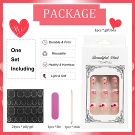 24Pcs Heart Press on Nails Short Square Valentines Day Lips Heart Flame Fake Nail Stick on Nails Pink French False Nails with Nail Glue for Women Girls Valentines Day Acrylic Nails Decoration Supplies