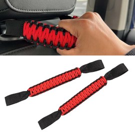 GRANDI 2 PCS Headrest Safety Grab Handles Kit, Front Rear Seat Back Handles Puller, Nylon Paracord with Headrest Mounted, Compatible with Wrangler (Black & Red)