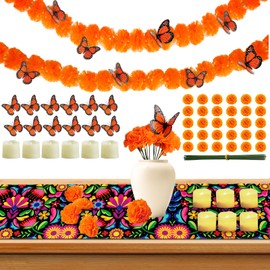 83pcs Dia De Los Muertos Decorations Ofrenda Kit - Day of The Dead Altar Decor Set,2 Marigold Garland 30 Marigold Flowers & Stems,Table Runner,12 Monarch Butterfly 6 Candle (Table Runner-Flower)