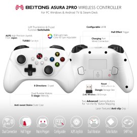 BEITONG Asura 2 Pro Game Wireless Controller - Hall Effect Trigger, ALPS Joystick, Gaming Gamepad for PC/Steam/Android TV/Tesla, Programmable M Buttons (White)