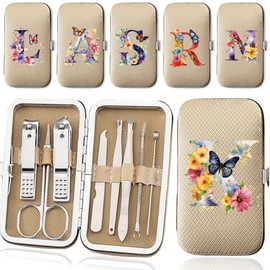 No Brand 8-Piece Set PU khaki Manicure Tool Set Stainless Steel Nail Clipper Kit Case Pocket Organizer Pedicure Trimmer butterfly letter Design