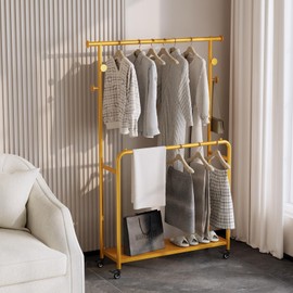 ZHBHYZ Sturdy Metal Double Rods Clothes Rack With Wheels, Rolling Clothing Rack With Shelves & Hooks, Heavy Duty Garment Racks for Hanging Clothes, Multi-Functional Closet Rack for Bedroom (gold)