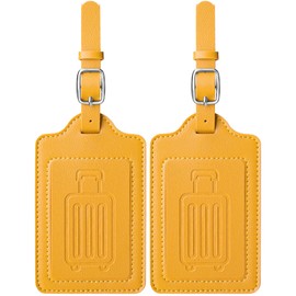 Teskyer Leather Luggage Tags for Suitcases, TSA Approved Luggage Tag with Privacy Protect Flap Cover, 2 Pack, Yellow
