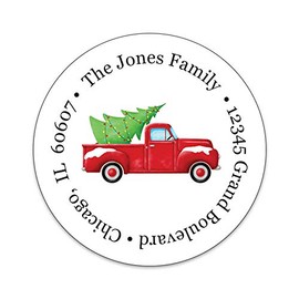 Custom Round Return Address Gloss Labels - Christmas Theme - 2 Inch Round Holiday Labels - Holiday Extras Included - 100% Made in The U.S.A. (Christmas Truck)