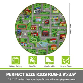 Capslpad Green Car Road Kid Rug Carpet Playmat for Playoom Traffic Road Kids Play Mat for Toddler Non Slip Washable City Map Race Track Carpet Rug for Kids Room Bedroom Nursery Room Decor,4'x4'