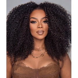 Lizzy Long Curly Lace Front Wigs For Black Women Pre Plucked With Baby Hair Curly Lace Front Wigs 13×4×1 HD Glueless Wig Kinky Curly Afro Synthetic Wigs 17inch (Dark Brown)