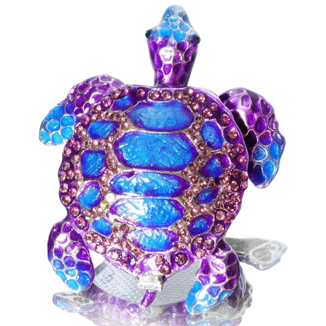 Waltz&F Purple Sea Turtle Figurine Collectible Hinged Trinket Box Bejeweled Hand-painted Ring Holder