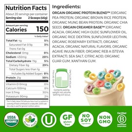 Orgain Organic Vegan Protein Powder, Fruity Cereal - 21g Plant Based Protein, 8g Prebiotic Fiber, Low Net Carb, No Lactose Ingredients, No Added Sugar