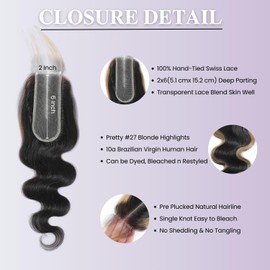 AUROO #27 Skunk Stripe 2x6 HD Lace Closure Only Human Hair Body Wave, 10A Honey Blonde Highlight Long Deep Middle Part 2 by 6 Kim K Transparent Lace Closure Pre Plucked Remy Hair (150% Density, 10 IN)