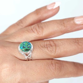 Jeweloporium 925 Sterling Silver Ring for Women Size T Multicolor Natural Abalone Shell Gemstone Solitaire Silver Ring Wedding Gift Costume Jewelry