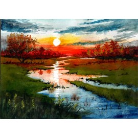 Sunset Over Green Marshlands, Sunset Art, Beautiful Sky, Sunset Wall Decor