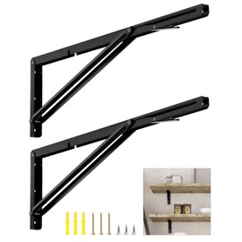 QWORK 24" Heavy Duty Folding Shelf Brackets for Wall Mounted Folding Tables Benches Shelves, Max Load 330lbs, 2 Pack Iron Bracket with Black Finish