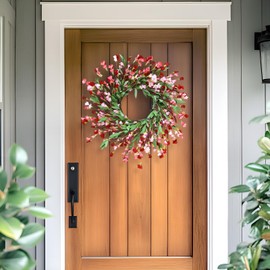 MSMUH 24" Spring Wreaths for Front Door Not Withering Artificial Floral Wreath with Wildflowers Summer Decorations for Indoor Outdoor Window Wall Farmhouse Porch Wedding Easter Home Decor Red Pink