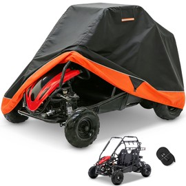 Go-Kart Cover 2 Seater, Waterproof 420D Go-Kart Cover, Go-Kart Accessories with Reflective Air Vent and Buckle, Suitable for Coleman Kandi TrailMaster MotoTec, Black/Orange 75″ L×51″ W×51″ H