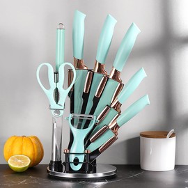 Kitchen Knife Set, 9Pcs Stainless Steel Non Stick Knife Block Set, Sharp Cutlery Knives Set with Sharpener Knives Set with Rotatable Storage Stand,Scissors (Teal)