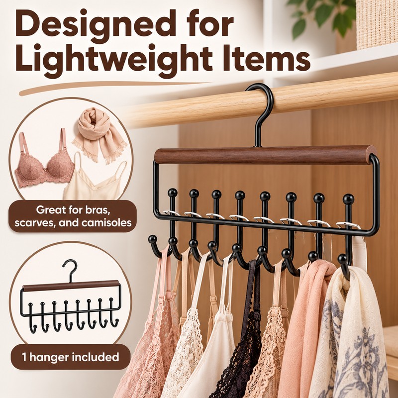 16-Hook Strap Clothes Hanger - Brown Two-Row Organizer for Bras,