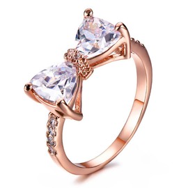 Fashion Heart Bow Tie Cubic Zirconia Promise Ring Crystal Bowknot Silver Plating Wedding Engagement Anniversary Ring for for Women Gift White Red Blue Purple (Rose gold white, 10)