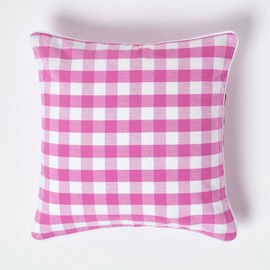 HOMESCAPES Pink and White Gingham Cushion Cover 45 x 45 cm (18” x 18”) Block Check Pattern 100% Cotton Decorative Square Cushion